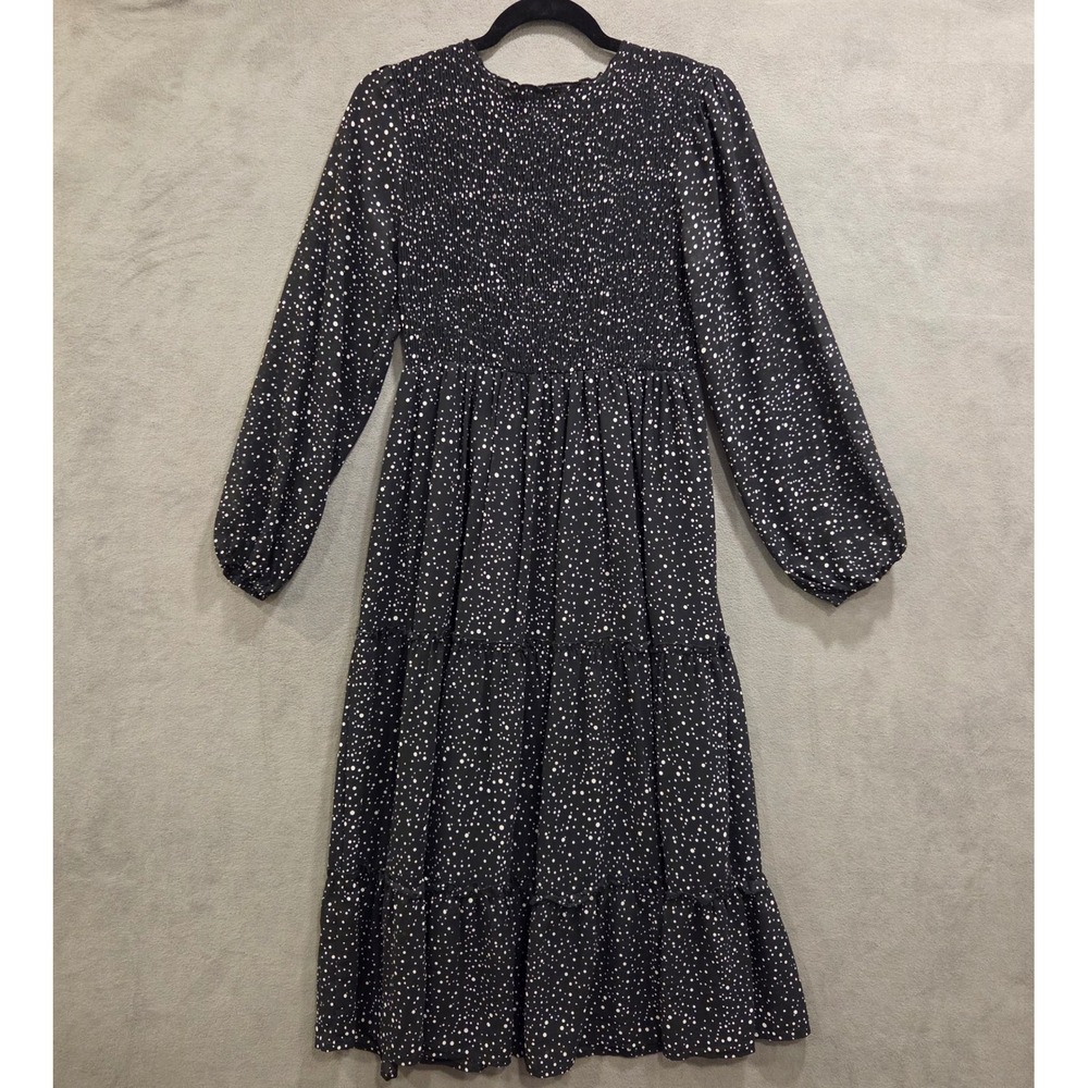 Polka Dot Smocked Tiered‎ Midi Dress Women Size M Casual Chic Modest Romantic
